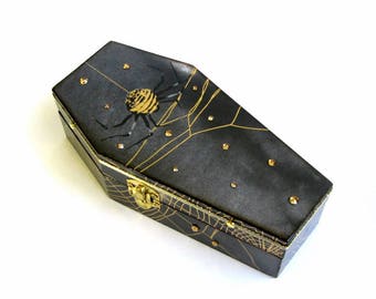 Halloween Coffin Box Black and Gold Spiders and Cobwebs Halloween Decor Decoration Goth Gothic Jewelry Box Decorated Coffin Trinket Box