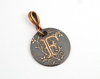 Small letter F pendant, round etched copper initial jewelry, optional necklace, 22mm