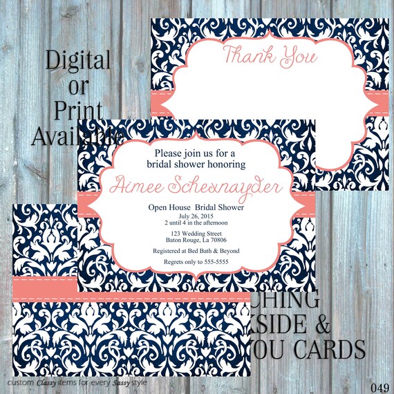 Navy Blue and Coral Bridal Shower Invitation, Damask Bridal Shower Invitation, Rehearsal Dinner Invitation, Couples Shower Invitation 049