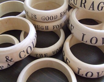 wooden bangle bracelet personalized mother's day CUSTOM with stamped text phrases names or dates by Paloma's Nest -Good Morning America