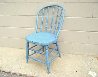 Antique Bentwood Spindle Back Chair - Primitive Rustic Windsor Farmhouse Country Chic - Old Blue Shabby Paint