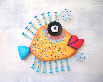 Fish Wall Art, MADE to ORDER, Golden Goldfish, Original Found Object Wall Sculpture, Wood Carving, Wall Decor, by Fig Jam Studio