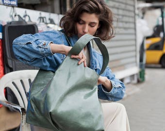 sage green bag - green leather bag - green leather purse - green leather tote bag - green tote bag - green leather shoulder bag - CLS2L