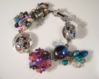 Bridesmaid Gift, Vintage Earring Bracelet, Upcycled, Silver, Turquoise, Purple, Colorful,Iridescent,Jennifer Jones, Under 40, OOAK - Electra
