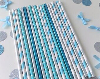 Paper party straws, Aqua and Silver, 1st Birthday, gender reveal, baby shower, Bachelor Stag Party, Prince birthday theme, Christening