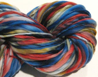Bulky Handspun Yarn Abstract 154 yards hand dyed wool blue yarn, gold yarn, red yarn, waldorf doll hai,r knitting supplies, crochet supplies