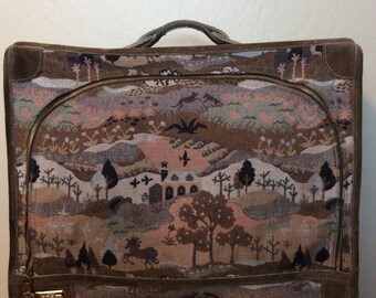 Vintage 1970s The French Luggage Company Tapestry Suitcase with Village Scene Louis Vuitton