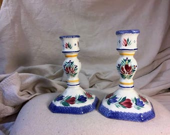 Henriot Quimper France hand painted floral candlesticks 5-3/4 inches tall nice