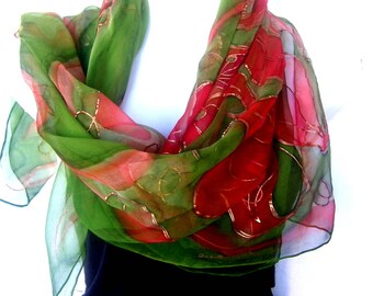 Hand Painted Silk Scarf, Copper Burnt Orange May Green, Orchids Design, 35" Square Floral Silk Chiffon Scarf, Gift For Her