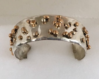 Sterling silver cuff bracelet with gold plated brass and sterling silver nuggets