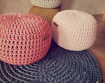 Coral Hand Crochet Pouf Ottoman STUFFED- Footstool Pouf - Bean Bag Chairs - Crochet Floor Cushions -Footstool-Nursery Decor