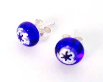 Murano Glass Millefiori Stud Earrings - Blue Flower on Sterling Silver Stud Post