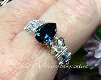 Montana Sapphire Blue, Vintage Swarovski Crystal Hand Crafted Ring Wire Wrapped Ring, Unique Engagement Anniversary, Dark London Topaz Blue