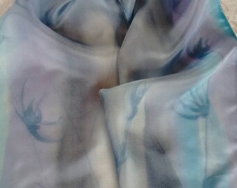 Gray Blue silk scarf - Hand painted silk scarf - orchid silk scarf - one of a kind - mother day gift - ready to ship - free shipping.