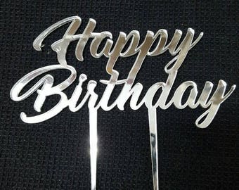 Silver Mirror Laser Cut Cake Topper - Happy Birthday