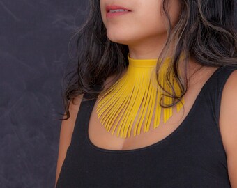 Yellow Leather Choker, Yellow Fringe Necklace, Leather Fringe Choker Necklace