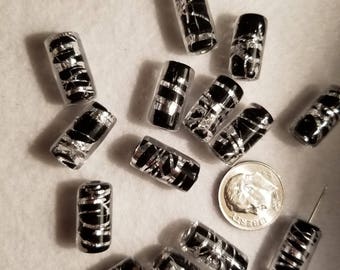 1 15x5mm Cylinder Black with Silver Swirls Lampwork Glass Bead A10