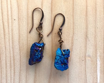 Blue druzy earrings, Raw stone earrings, Natural earrings, Cobalt blue earrings, dark blue earrings