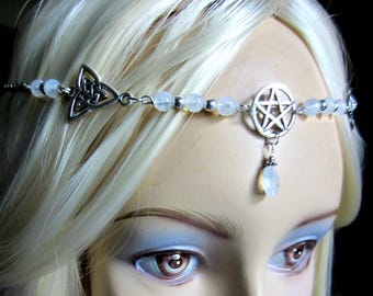 Rainbow Moonstone Circlet, Pentacle Circlet, Triquetra Headpiece, Choose Circlet or Necklace or Both