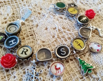 Christmas Typewriter Key Bracelet, Antique Typewriter Jewelry, Charm Bracelet, Holiday Jewelry, Green and Red Bracelet, Christmas