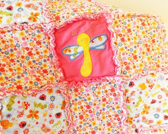 Baby Rag Quilt - Scattered Bugs Flowers Applique - Caterpillar - Butterfly - Dragonfly - Ladybug - Toddler Crib Rag Quilt