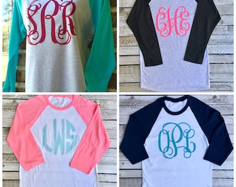 Monogram Raglan Shirt, Monogrammed Raglan T-shirt, Monogrammed Baseball T shirt, Monogrammed Three Quarter Sleeve T shirt