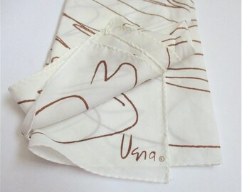 Square Vera Scarf Designer Scarf 20 1/2" Neck / Head Accessory Signed Vera Brown Swirl on Ecru Geometric Vintage Square Designer Scarf