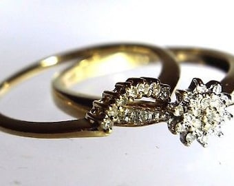 Bridal Set 2x Diamond Cluster Wedding Band 9ct Yellow Gold Rings size N ~ 6 3/4