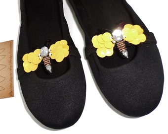 2 pc Inspired Bee Shoe Charm Clips Elastic Stretchable Rhinestone Sequin Bead