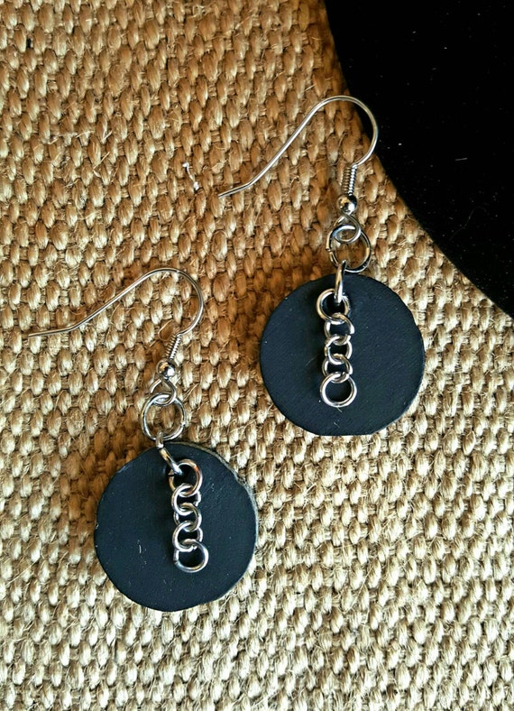 Hand Made Lightweight Black Round Leather Earring Set with Chains~ Silver Shepherd Hooks ~ Hand Dyed Earrings - Canadian Leather Jewelry