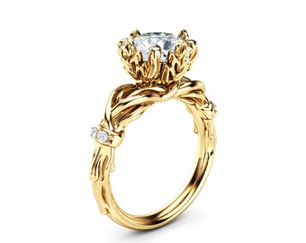 Unique 2 Ct. Moissanite Engagement Ring 14K Yellow Gold Nature Inspired Branch Wedding Ring