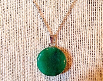 Beautiful Green Jade Round Pendant Necklace - Sterling Silver 18" Chain - Natural Stone Necklace - Agate - Versatile - Bridesmaid Gifts