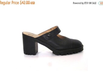 SPRING 20 SALE Vintage 90s Black Leather Open Heel Mary Jane Clog Platform Heels 6.5 7 goth grunge raver club kid