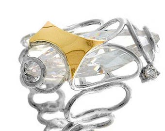 Silver and Gold ring, Clear CZ Ring, Womens silver ring, Unique silver ring, handmade