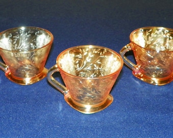 Floragold Louisa Iridescent Cups by Jeannette Glass, Set of 3 MINT Flora Gold Carinival Glass Square Footed Cups,