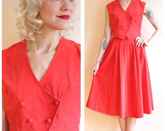 1960s Dress Set // Joyce Tangerine Corduroy Vest & Skirt Set // vintage 60s 2pc set