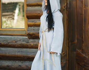 Linen Long Hooded Dress with belt, Linen Maxi Dress, Cotton dress, Long Linen Dress