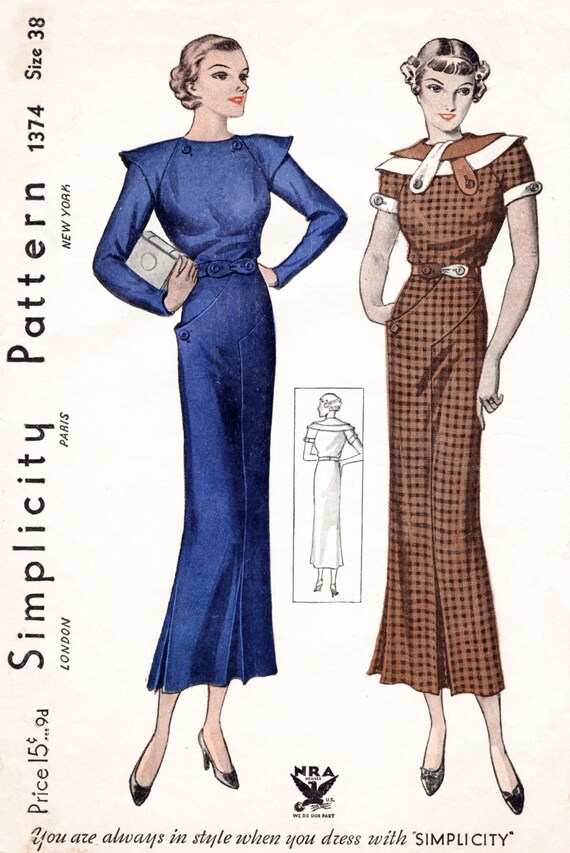 1930s dress 2 styles fitted kick pleat skirt tab collar
