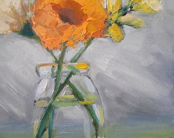 Flower Still Life, Daily Painting, Small Oil Painting, "Country Style" 6x8" Oil, orange, yellow