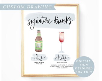 His Hers Drink, Digital Signature Drinks Sign Printable, Signature Drink Sign Wedding Illustrated Signature Cocktail Sign Wedding Drink Sign