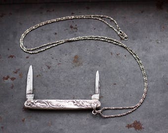 Victorian Penknife Necklace - Sterling Silver antique Pocket Knife Pendant and Chain Chain