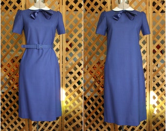 Vintage Womens 80s does 60s Navy Peter Pan Collar Dress by Leslie Fay Petites Medium Retro Pinup Mod Mad Men Style