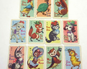Miniature Vintage Animal Rummy Children's Playing Cards by Whitman Partial Set of 11