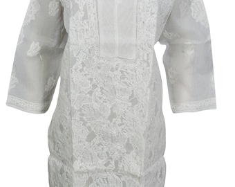 Bohemian Womens Ethnic Indian Cotton Embroidered White Tunic Dress L