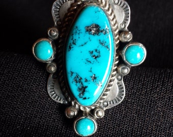 Navajo Sterling Silver and Sleeping Beauty Turquoise Tooled Ring