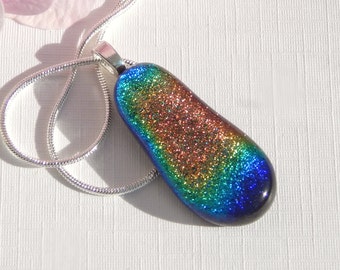 Glass Droplet Pendant - Dichroic Rainbow Glass Necklace - Fused Glass Jewelry