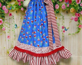 Girl Dress 4T/5 Blue Red Floral and Stripes Pillowcase Dress, Pillow Case Dress, Sundress, Boutique Dress