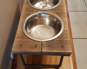Dog or Cat food bowl Elevated Reclaimed wood with steel legs