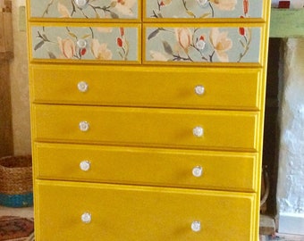 Tall upcycled chest of drawers OOAK mustard with decoupage drawer fronts