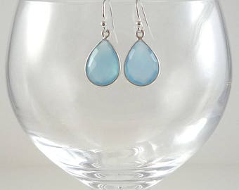 Blue Chalcedony Earrings Gemstone Earrings Light Cornflower Blue Gemstone Earrings Light Blue Drop Earrings Blue Sterling Teardrop Earrings